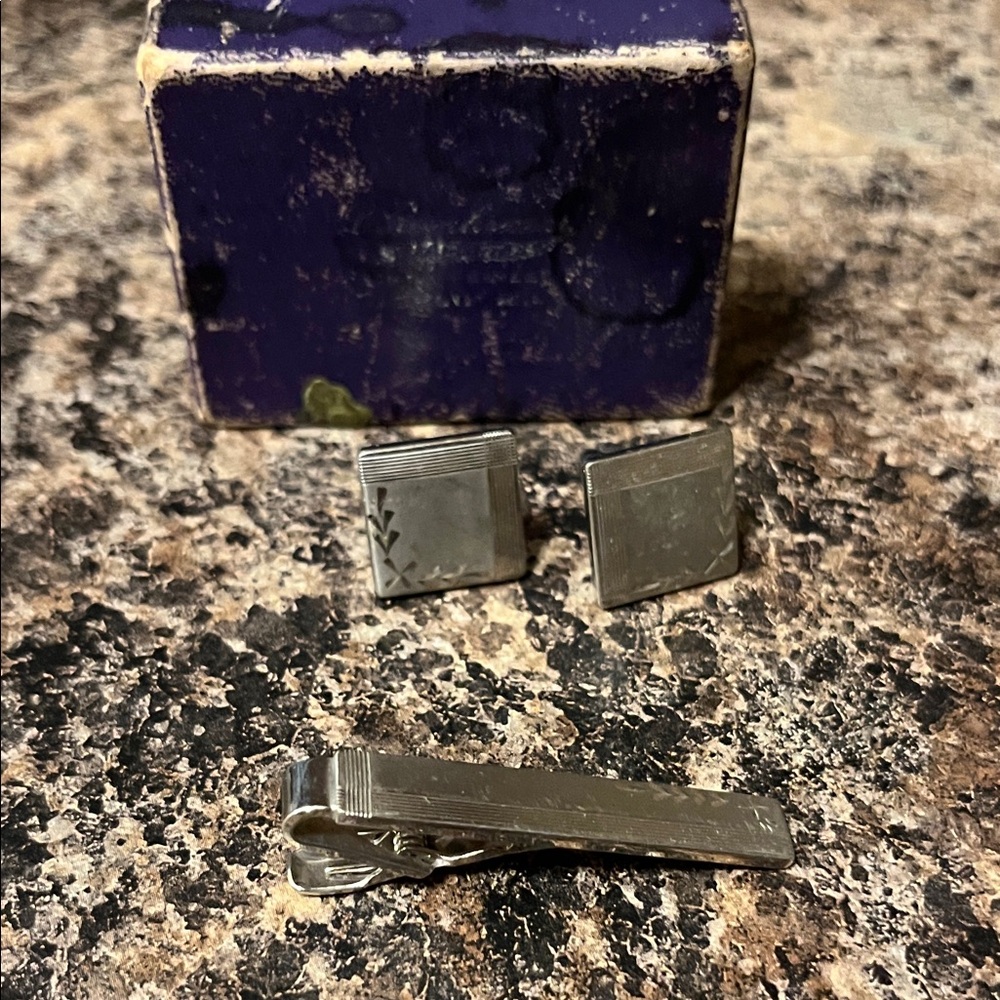 Silver Cufflinks and Tie Clip Set
